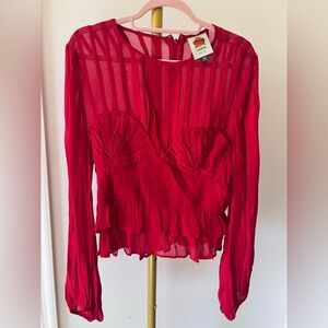 FARM Rio Vibrant Red Sheer Long Sleeve Blouse Women Med GUC *READ*
